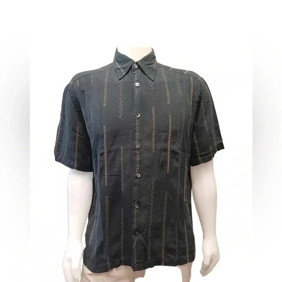 Cotton Reel 100% Silk Black Gold Button Down Short Sleeve Shirt Size L - Picture 1 of 11